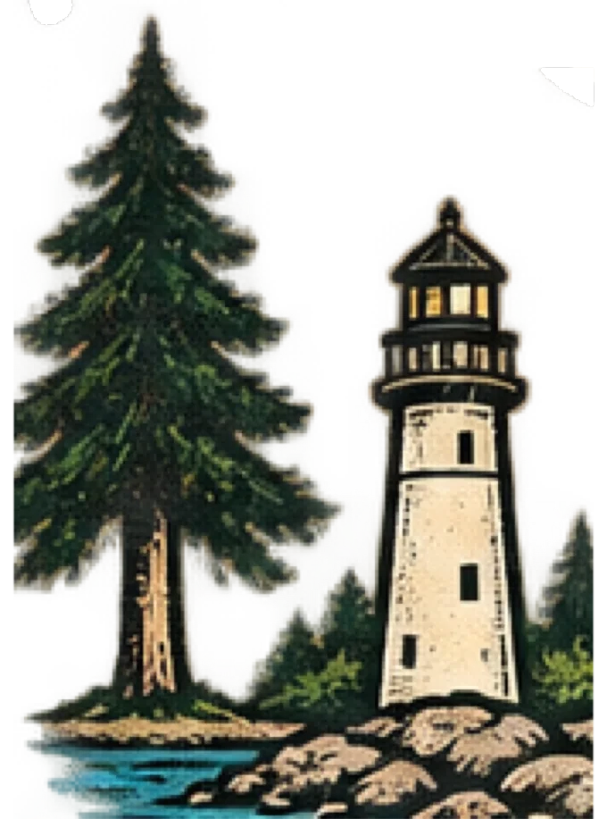 A lighthouse and pines